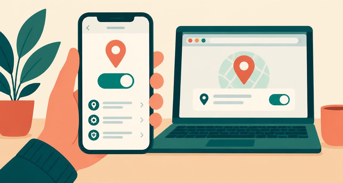 Hand holding a smartphone with the location services toggle switched on, laptop showing a location permission